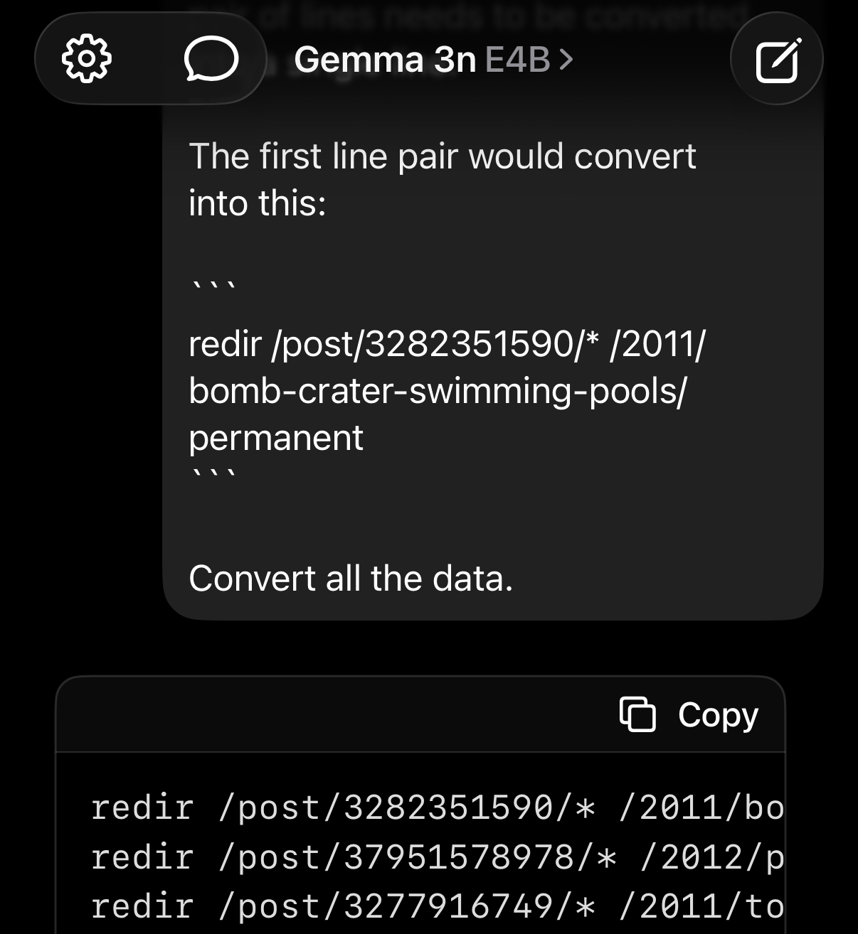 Screenshot from iOS showing the LocallyAI app using the Gemma 3n model. We see the end of the prompt and the first 3 results are the same as when run on the desktop.